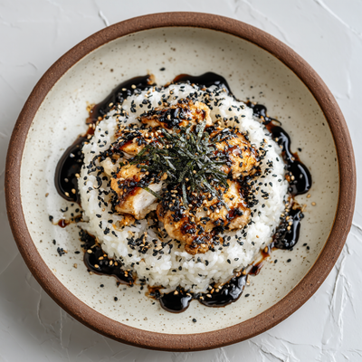 Poulet à la crème de sésame noir et riz