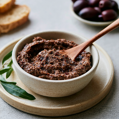 Tapenade aus schwarzen Oliven und schwarzem Sesam