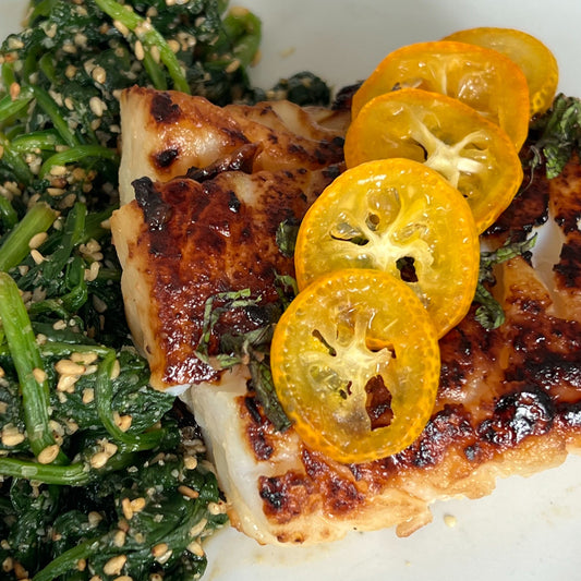 Recipe for miso and mint lacquered pollack with sesame spinach