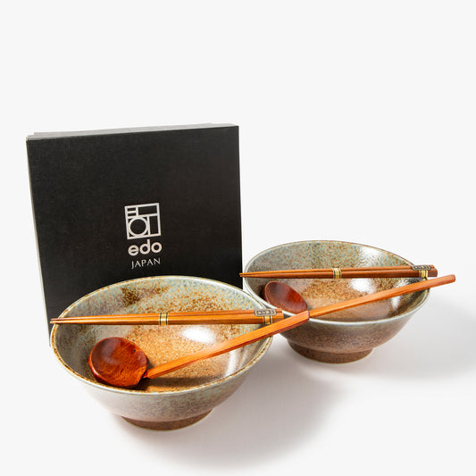 Bronze and green glazed ceramic ramen bowl set 22cm ⋅ Emro Aziatica