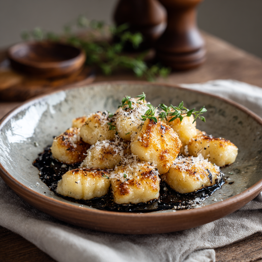 Ñoquis con crema de sésamo negro